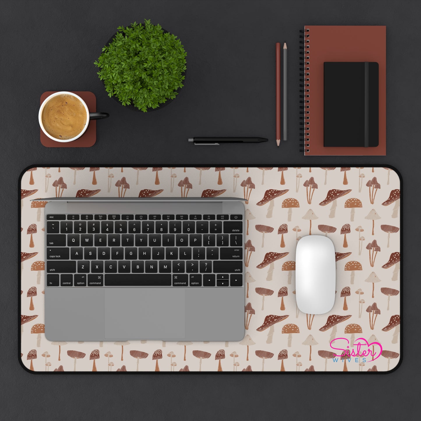 Brown Mushroom Desk Mat – Aesthetic Office Mouse Pad, Neoprene Extended Desk Mat, Polyamory Friendly Workspace Decor, Love-Positive Home Office Accessory
