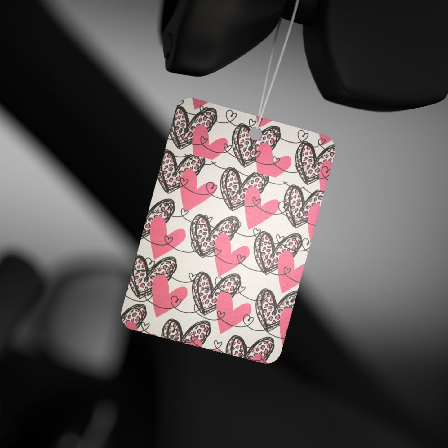 Heart Aesthetic Car Air Freshener – Pink & Black Doodle Love Hanging Diffuser | Pine, New Car & Black Ice Scents