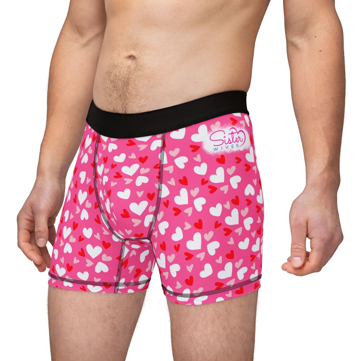 Pink Men’s Heart Print Boxer Briefs – Polyamory & Swinger Friendly Underwear, ENM Pride Boxers, Matching Couples & Pairs Available