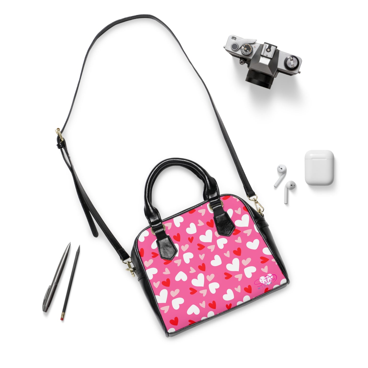 Pink Valentine’s Heart Print Shoulder Handbag – Love-Themed PU Leather Purse, Polyamory & ENM Friendly Gift, Swinger Lifestyle Fashion Bag