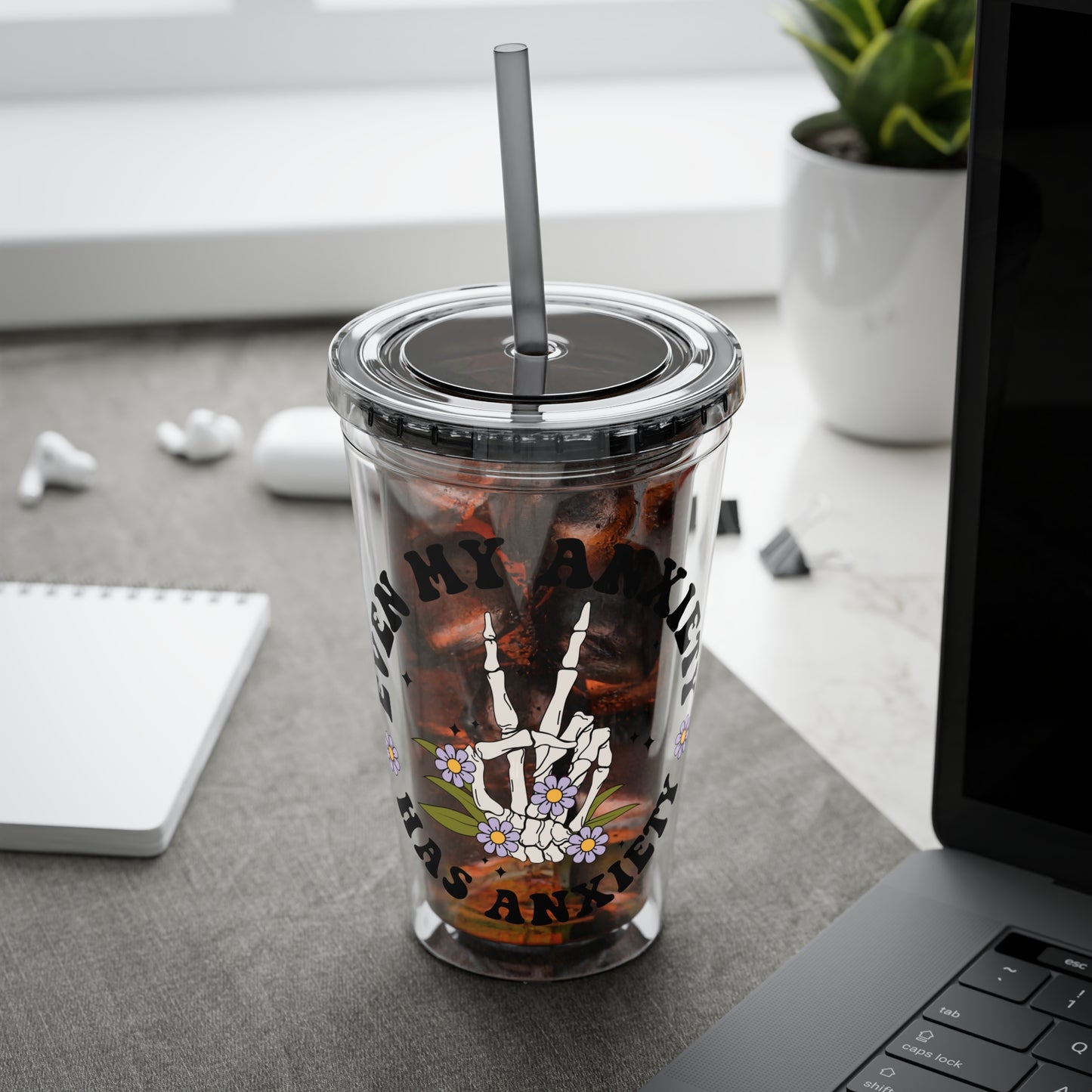 Even My Anxiety Has Anxiety” Skeleton Peace Sign 16oz Sunsplash Tumbler | Dark Humor Mental Health Cup | Goth Aesthetic Drinkware | Spooky Skeleton Cup | Anxiety Humor Gift