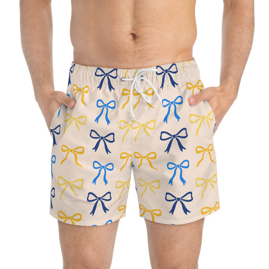 Yellow Bow Print Swim Trunks for Men – Preppy Coquette Fast-Dry Board Shorts with Drawstring | XS–3XL Summer Swimwear