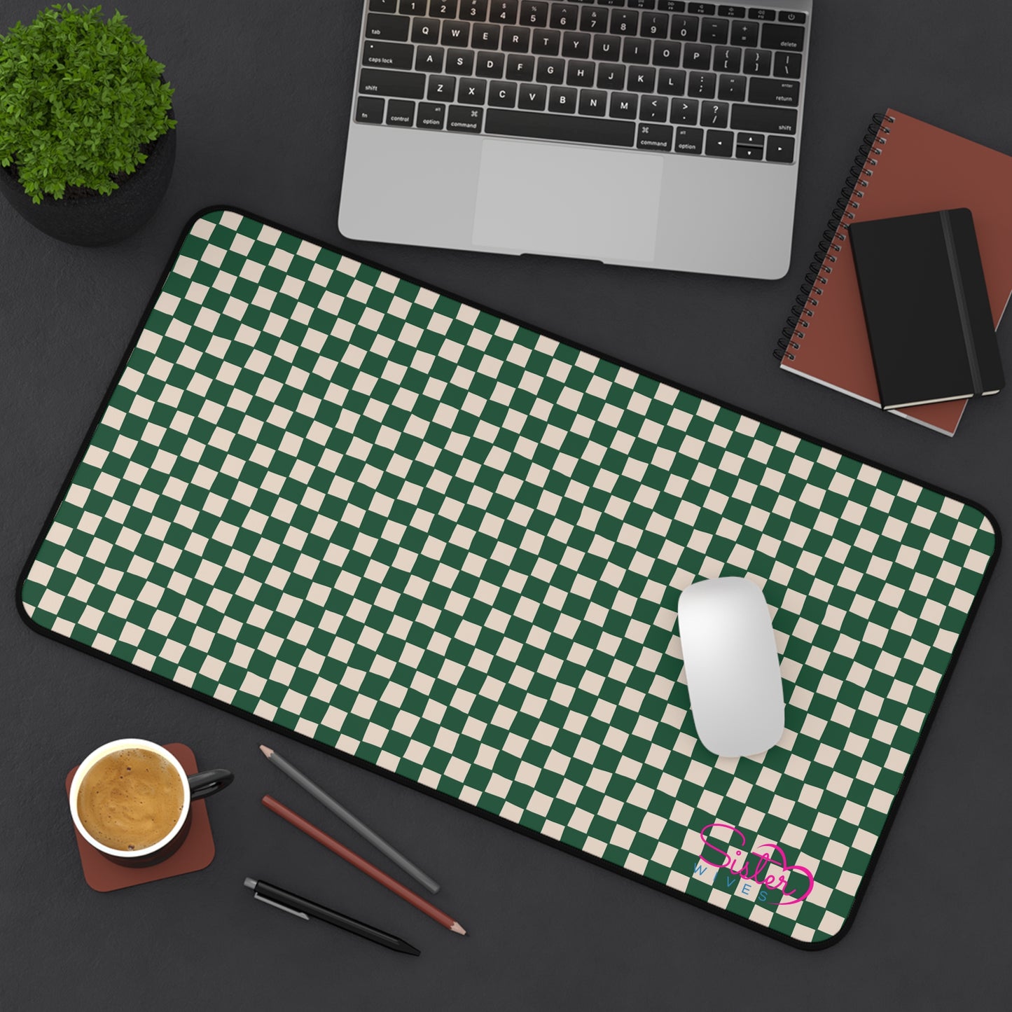 Green Checkered Desk Mat – Retro Checkerboard Mouse Pad, Neoprene Extended Desk Mat, Polyamory Friendly Office Decor, Love-Positive Workspace Accessory
