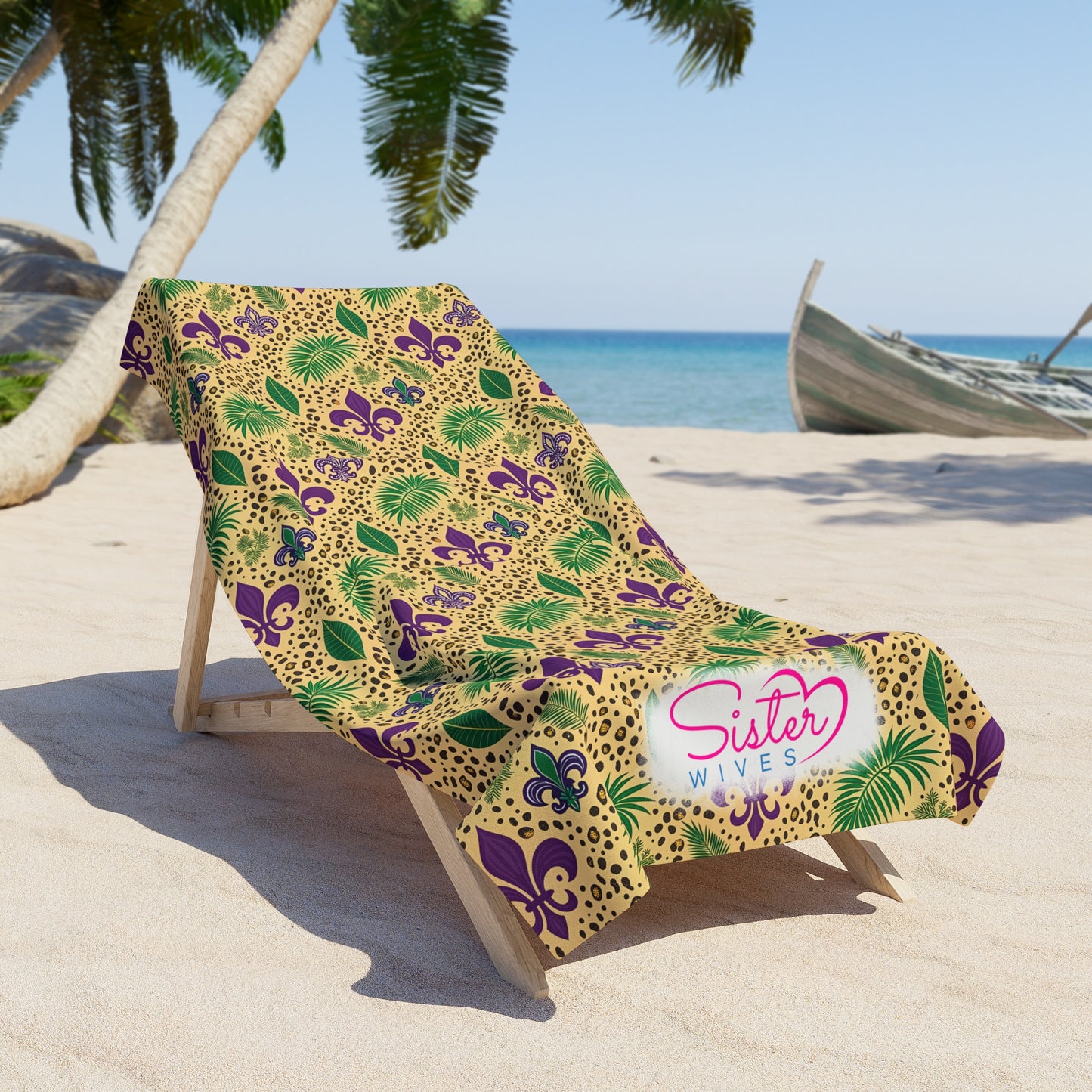 Mardi Gras Cheetah Print Beach Towel | Polyamory ENM Friendly | Matching Couple & Throuple Towel | Festival Cruise Pool & Resort Towel