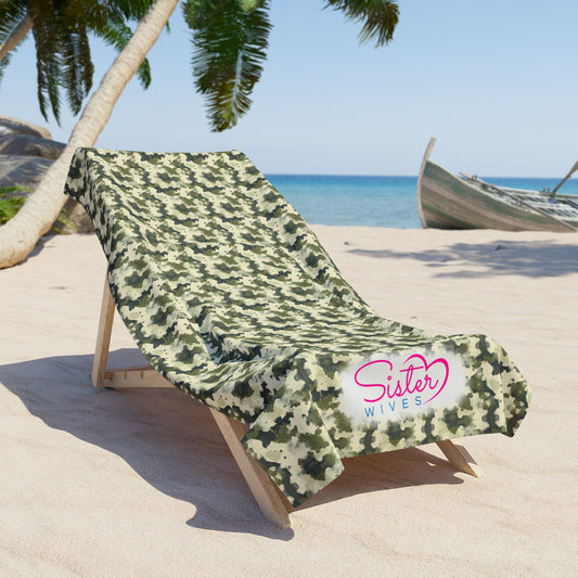 Green Camo Checkered Beach Towel | Polyamory & ENM Friendly | Neutral Aesthetic Lifestyle Towel | Cruise, Resort & Pool Towel | Sisterwives Collection