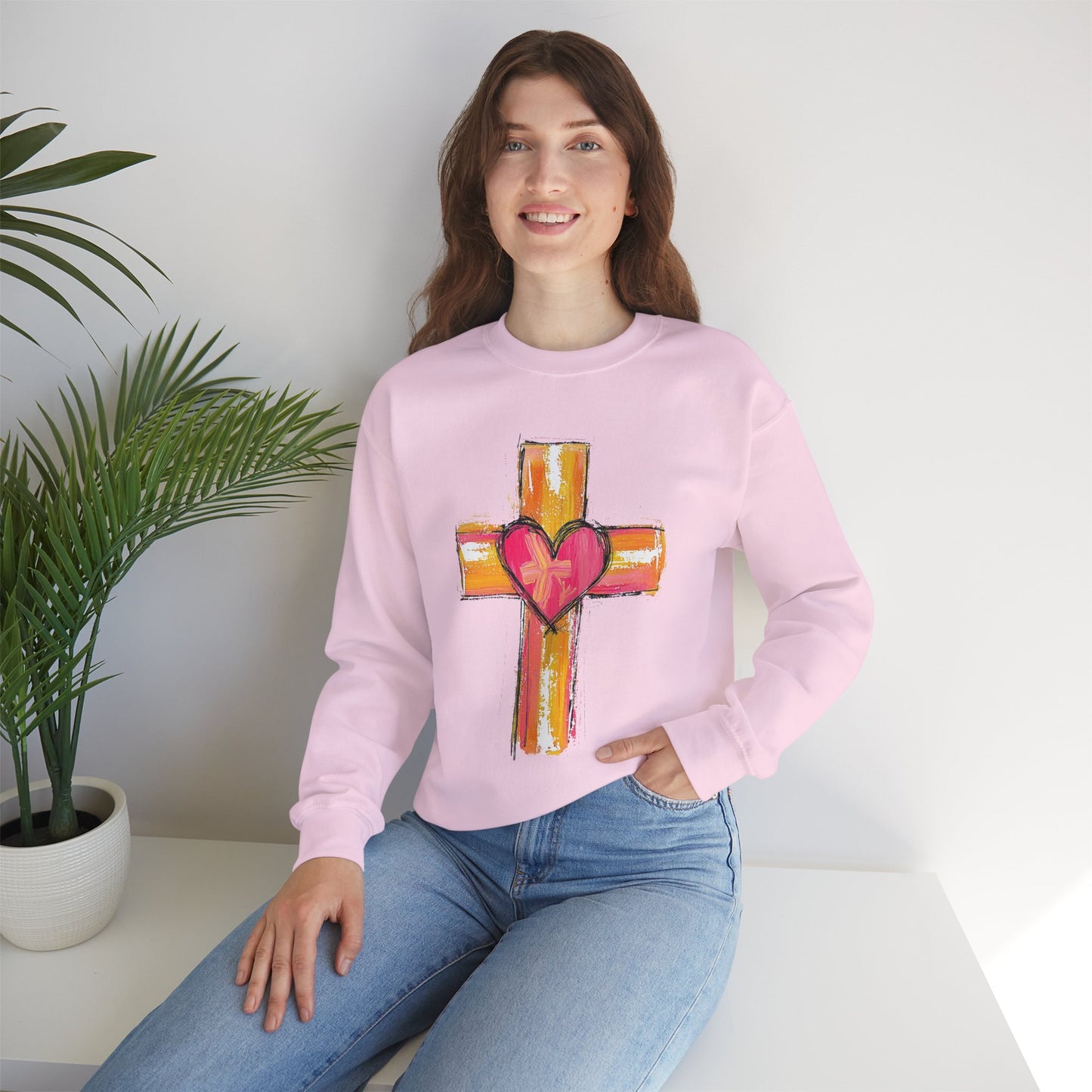 Cross with Heart Crewneck Sweatshirt | Love-Centered Faith Pullover | Inclusive Christian Apparel | Cozy Spiritual Sweatshirt