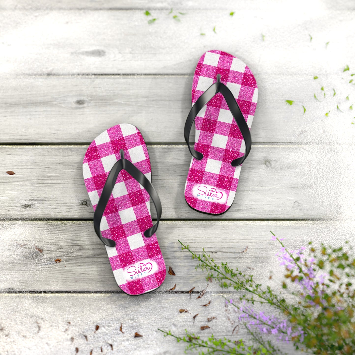 Pink Gingham Flip Flops for Women | Ethical Non Monogamy & Poly Lifestyle Sandals