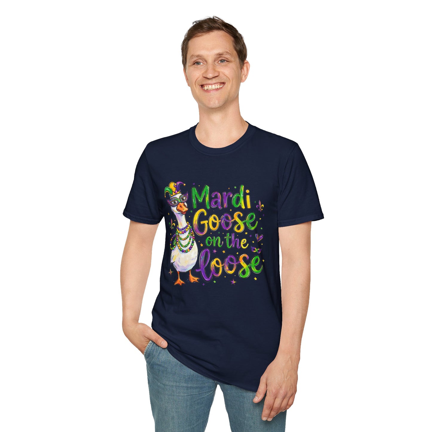 Mardi Goose on the Loose Shirt – Funny Mardi Gras Goose T-Shirt, Polyamory ENM Non-Monogamy Carnival Tee, Unisex Gildan 64000