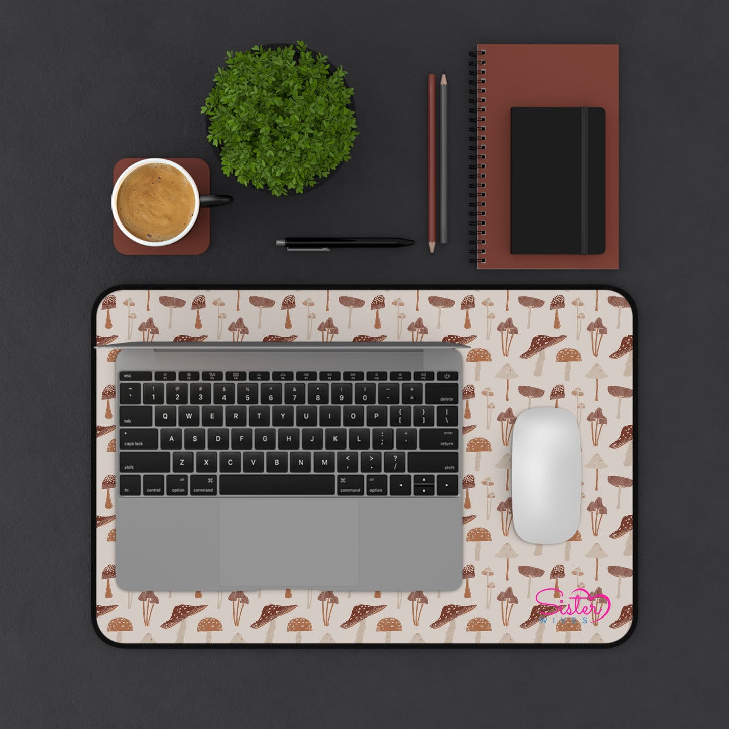Brown Mushroom Desk Mat – Aesthetic Office Mouse Pad, Neoprene Extended Desk Mat, Polyamory Friendly Workspace Decor, Love-Positive Home Office Accessory
