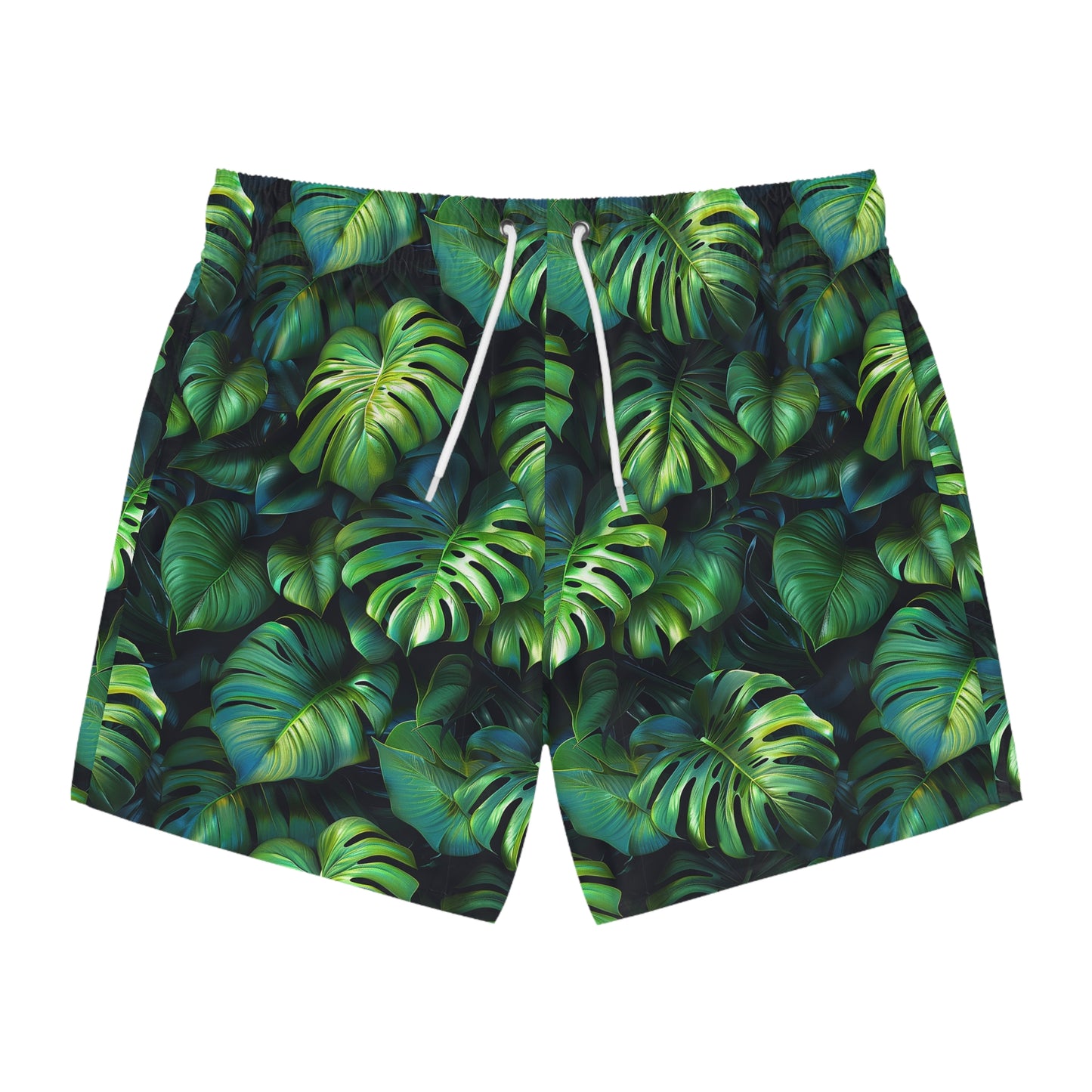 Green Tropical Leaf Swim Trunks for Men – Jungle Fast-Dry Board Shorts with Drawstring | XS–3XL Summer Swimwear