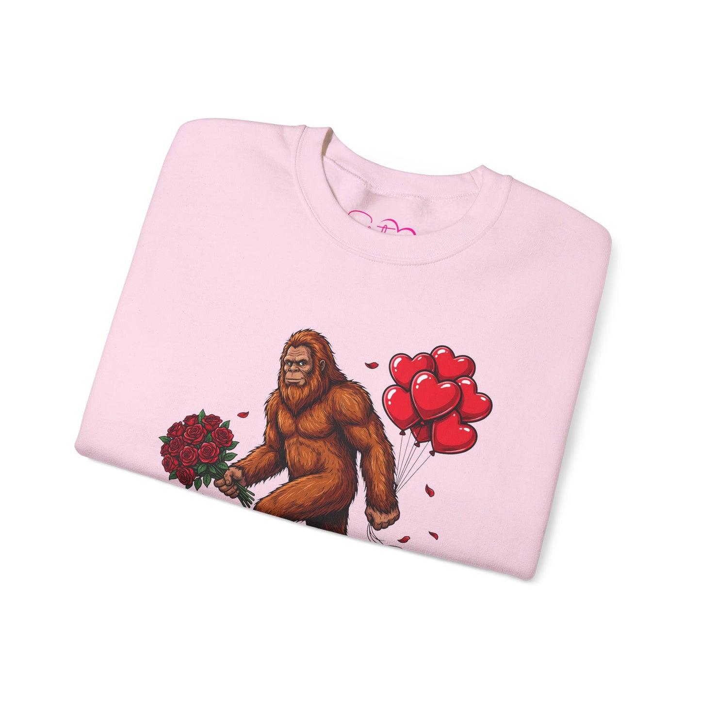 Bigfoot with Flowers Crewneck Sweatshirt | Sasquatch Valentine Pullover | Whimsical Cryptid Love Sweatshirt | Cozy Forest Aesthetic Apparel