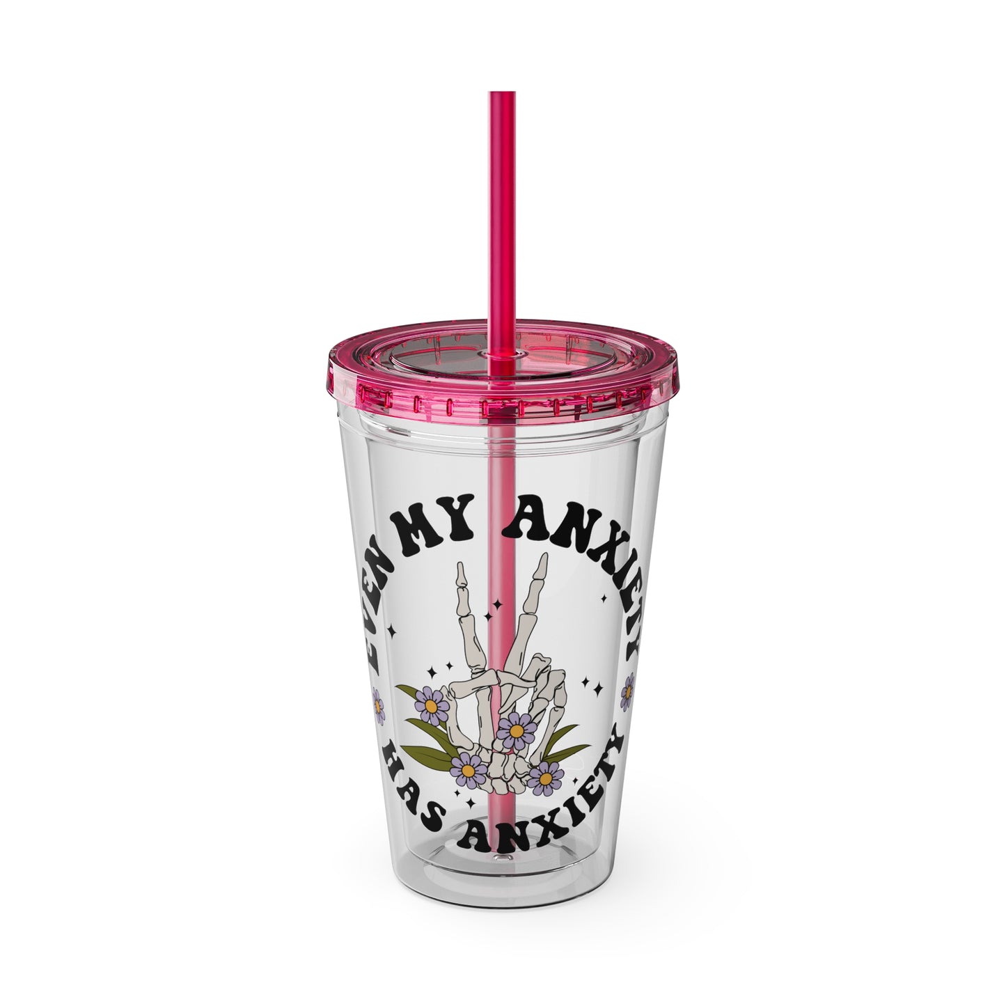 Even My Anxiety Has Anxiety” Skeleton Peace Sign 16oz Sunsplash Tumbler | Dark Humor Mental Health Cup | Goth Aesthetic Drinkware | Spooky Skeleton Cup | Anxiety Humor Gift