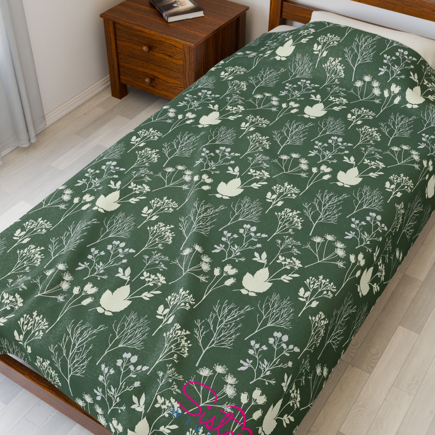 Green Botanical Plush Blanket | Woodland Floral Throw | Polyamory & ENM Cozy Velveteen Blanket | Chosen Family Home Decor