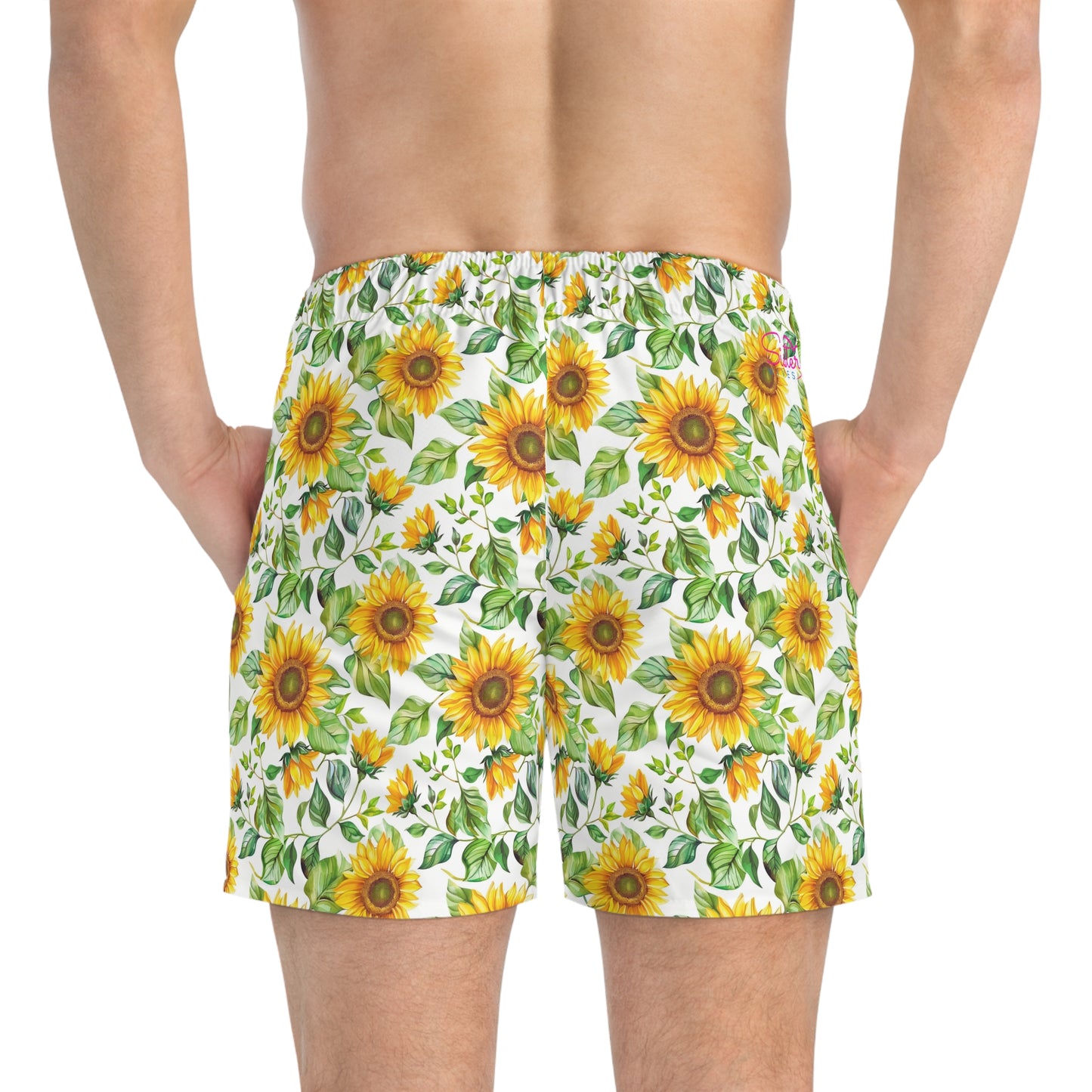 Men’s Sunflower & Daisy Swim Trunks – Bright Floral Summer Swim Shorts, ENM Polyamory Friendly Beach Board Shorts, Fast-Dry
