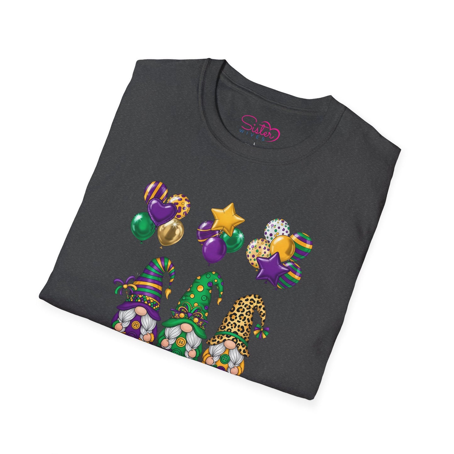 Mardi Gras Throuple Gnome T-Shirt | Polyamory ENM Pride Tee | Festive Gnome Graphic Shirt | Chosen Family Swinger Lifestyle Apparel