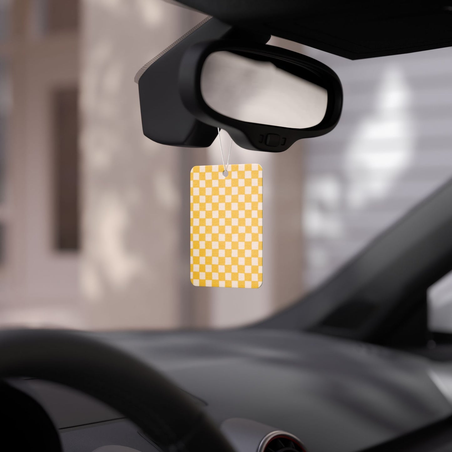 Yellow Checkered Car Air Freshener – Retro Aesthetic Hanging Diffuser | Pine, New Car & Black Ice Scents