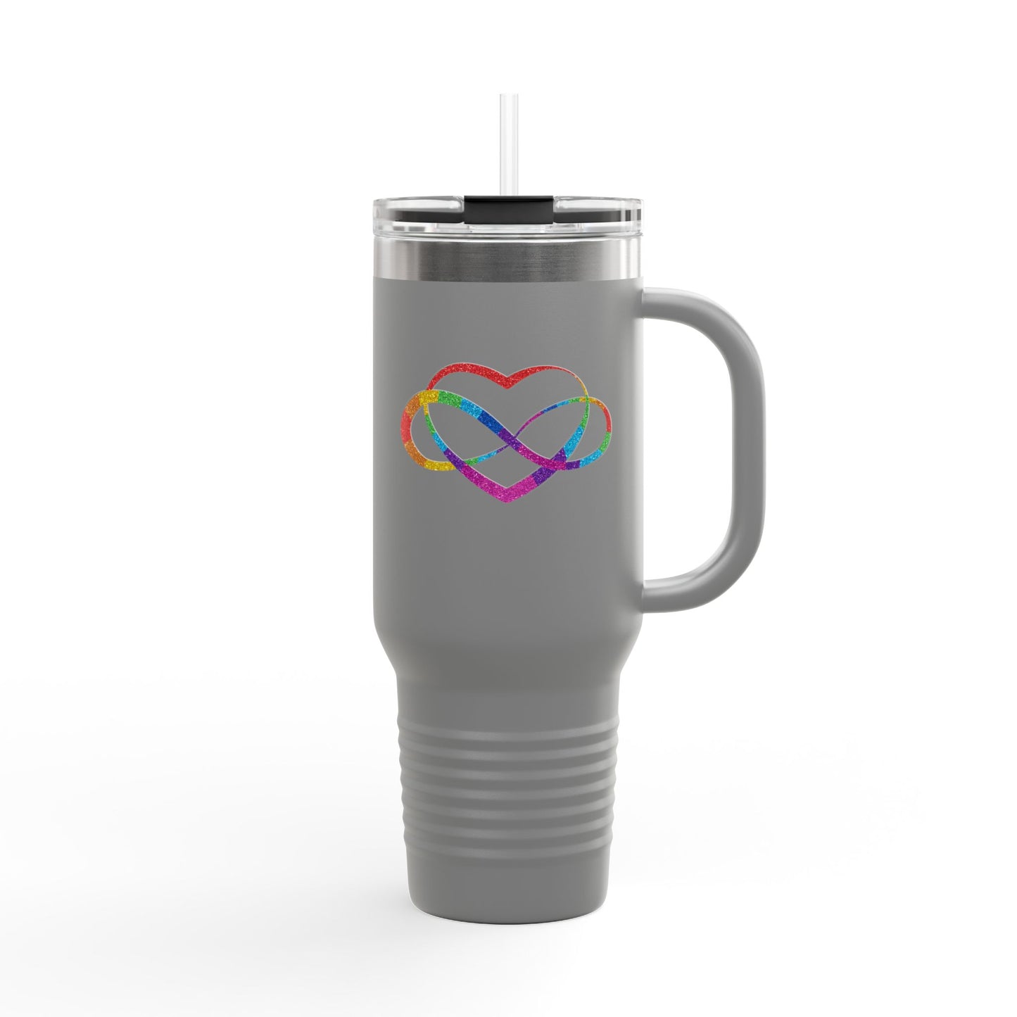 40oz Insulated Travel Mug – Rainbow Heart Infinity Logo, Double-Wall Stainless Tumbler