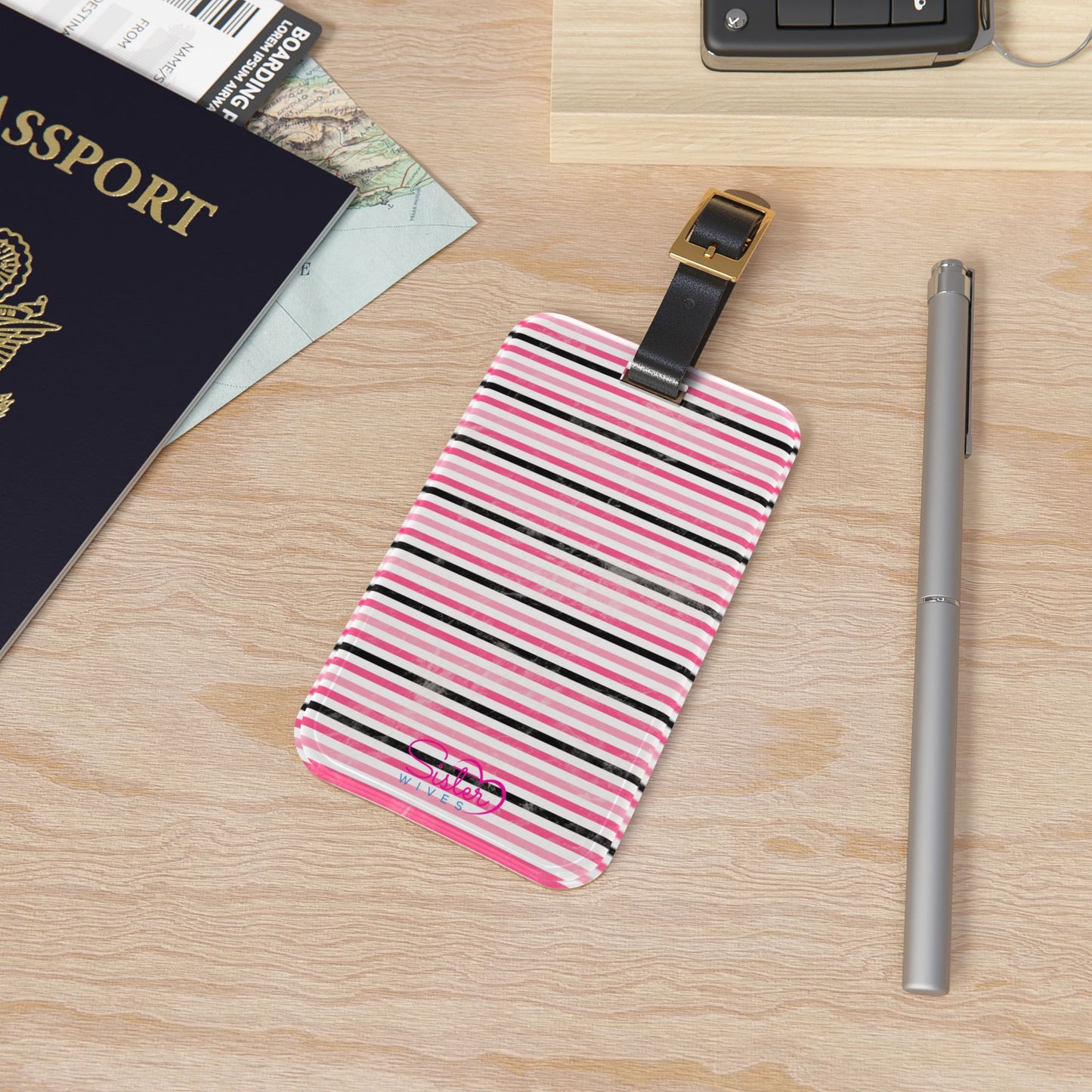 Pink Striped Luggage Tag – Polyamory ENM Pride Travel Accessory, Acrylic Suitcase Tag with Adjustable Strap