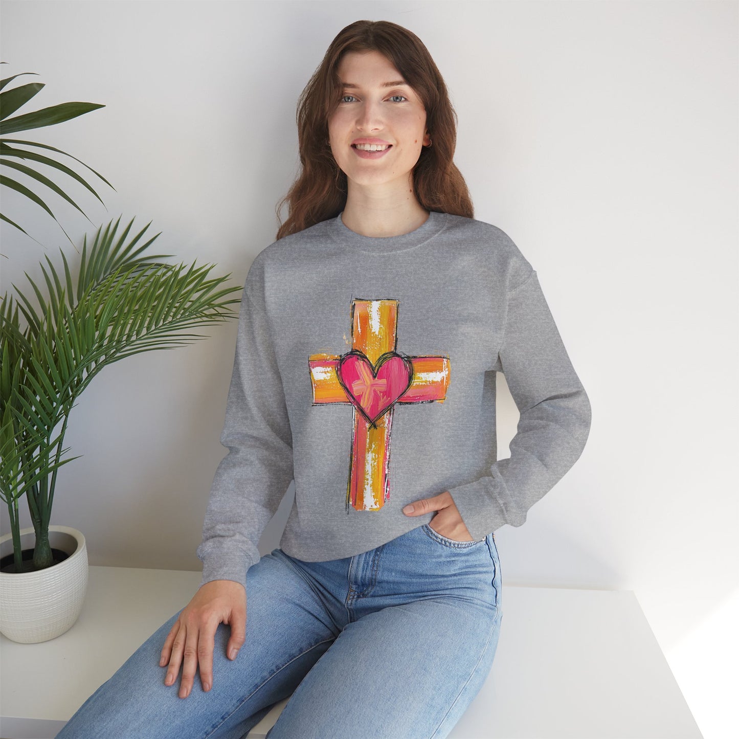 Cross with Heart Crewneck Sweatshirt | Love-Centered Faith Pullover | Inclusive Christian Apparel | Cozy Spiritual Sweatshirt