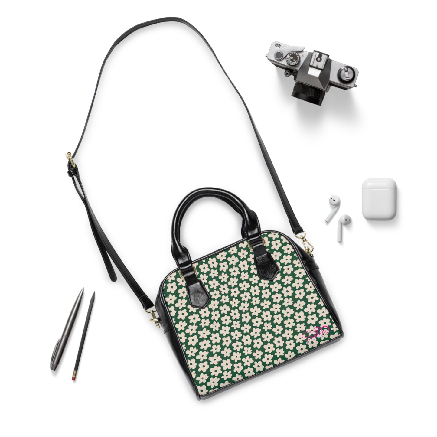 Green Retro Daisy Floral Shoulder Handbag – Vintage Flower PU Leather Purse, Polyamory & ENM Friendly Fashion Bag, Love-Positive Gift