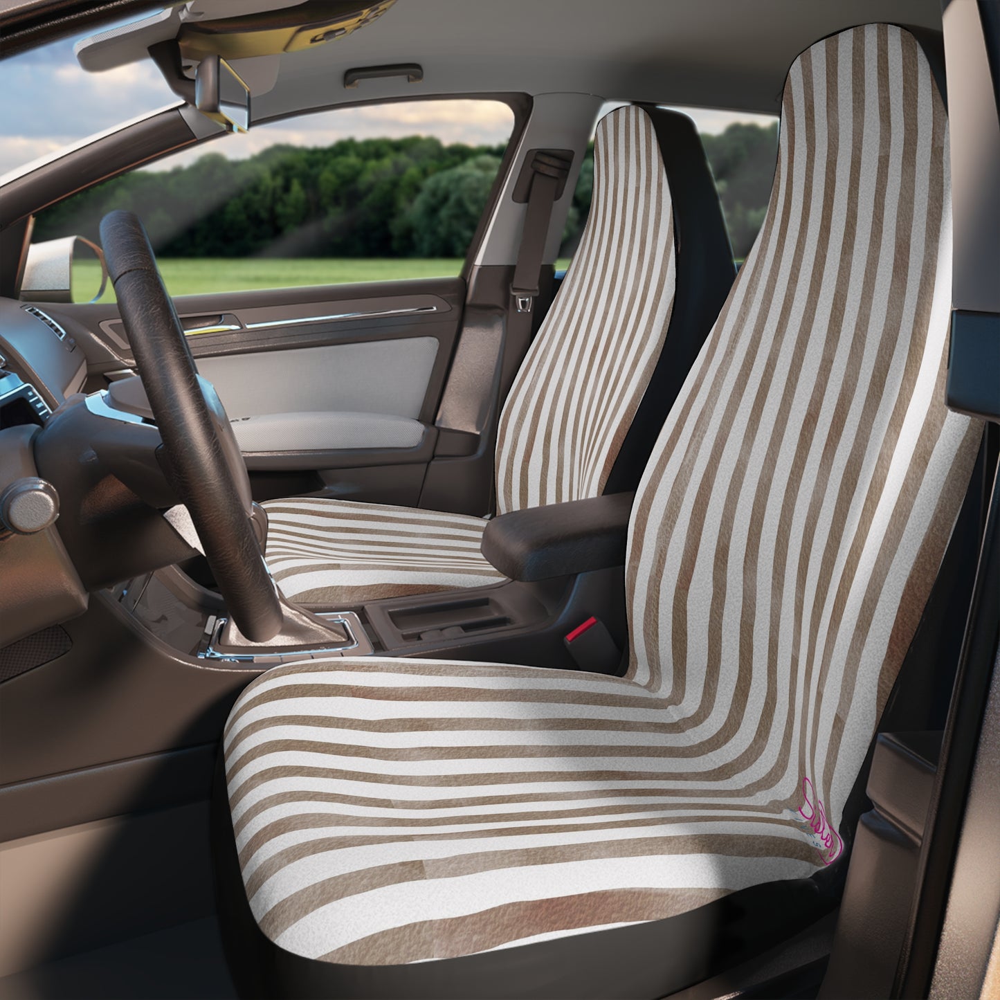 Neutral Stripe Car Seat Covers – Minimalist Boho Auto Decor | Polyamory & ENM Friendly