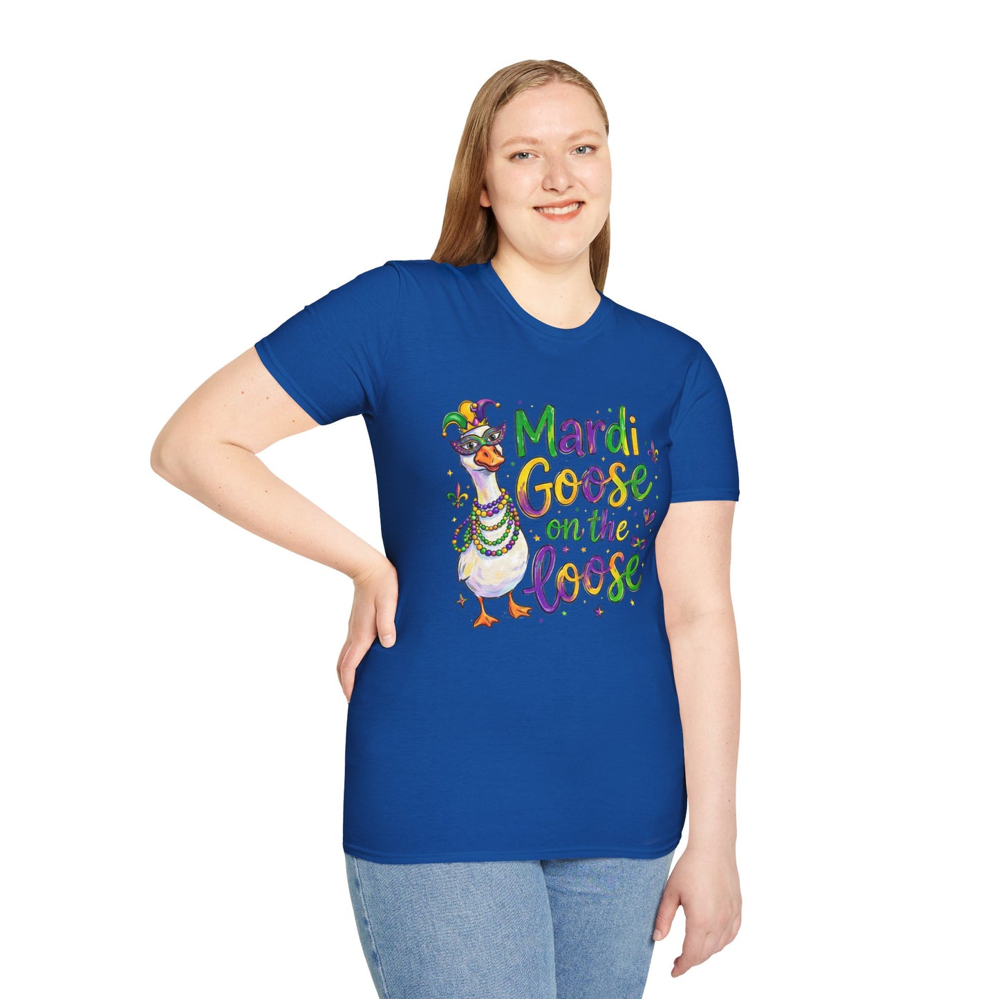 Mardi Goose on the Loose Shirt – Funny Mardi Gras Goose T-Shirt, Polyamory ENM Non-Monogamy Carnival Tee, Unisex Gildan 64000