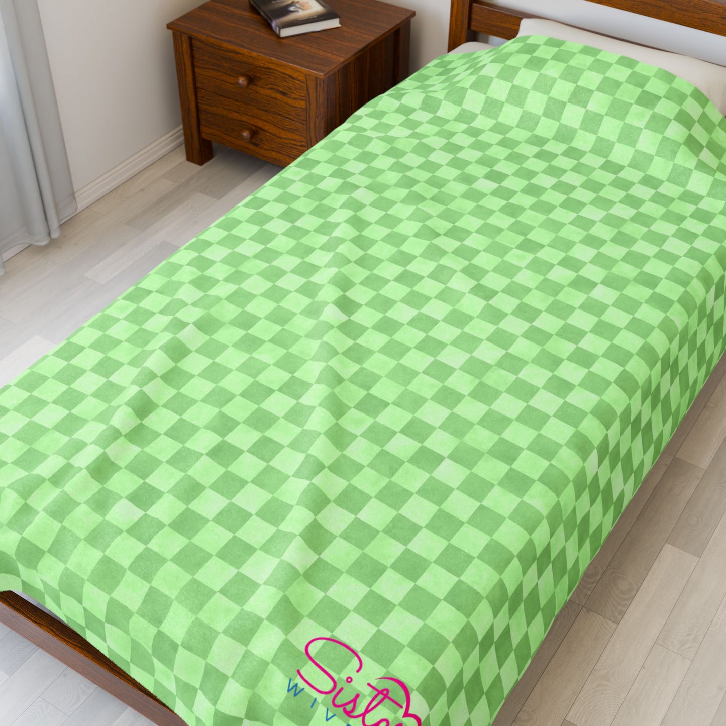 Green Checker Plush Blanket | Cozy Velveteen Throw | Polyamory & ENM Friendly Home Decor | Chosen Family Aesthetic Blanket