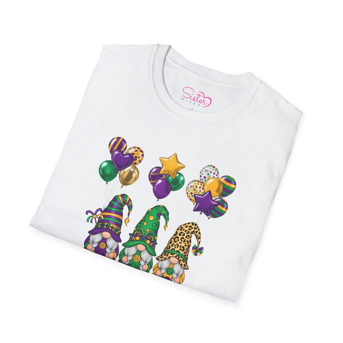 Mardi Gras Throuple Gnome T-Shirt | Polyamory ENM Pride Tee | Festive Gnome Graphic Shirt | Chosen Family Swinger Lifestyle Apparel