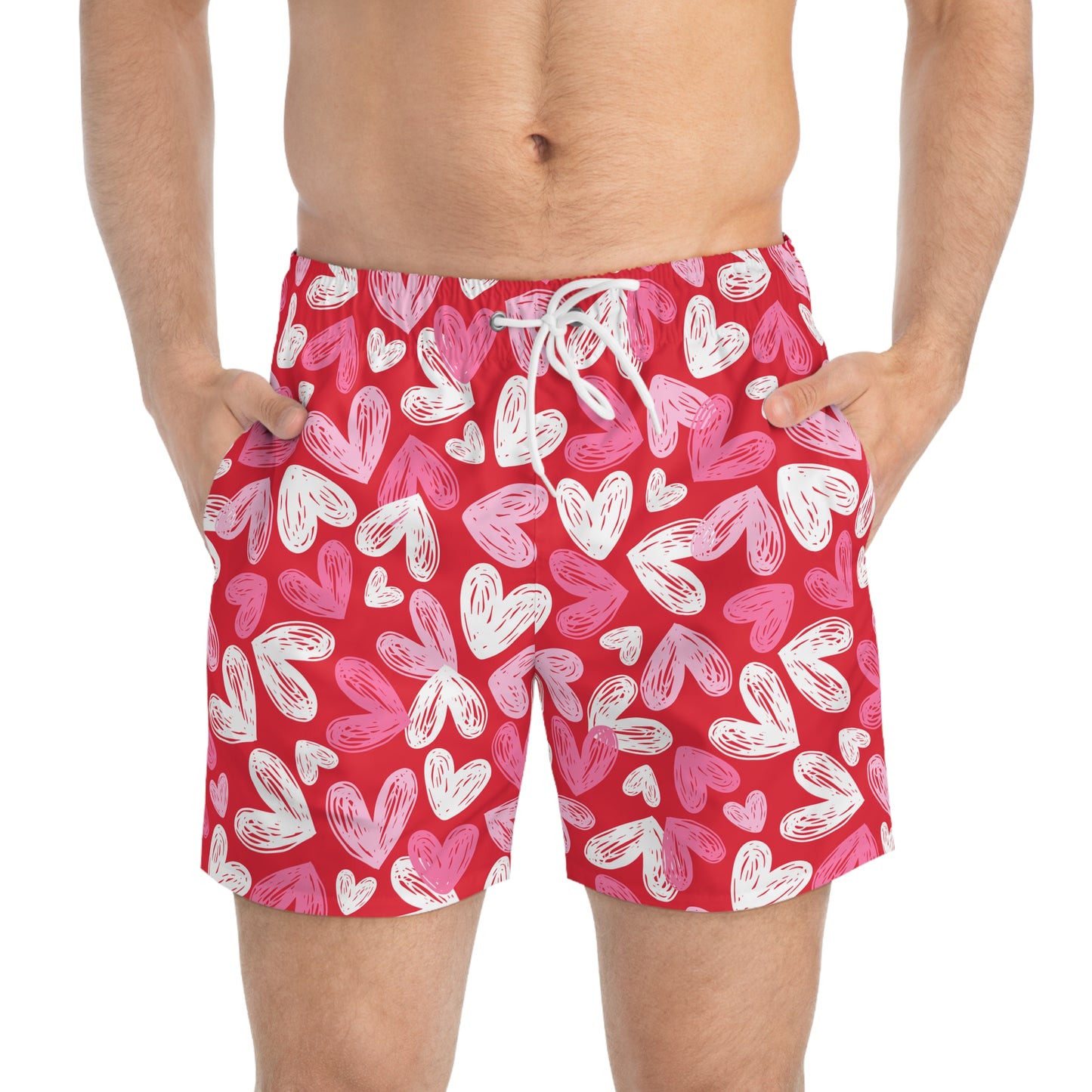 Red Men’s Valentine’s Heart Swim Trunks – Red Heart Print Board Shorts, Polyamory & ENM Friendly Swimwear, Fast-Dry Summer Shorts