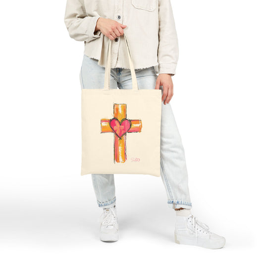 Sacred Heart Cross Canvas Tote Bag – Faith & Love Christian Tote | Hand-Drawn Folk Art Cross | Gift of Love, Chosen Family Friendly