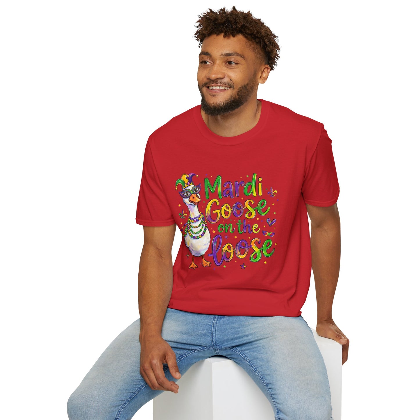 Mardi Goose on the Loose Shirt – Funny Mardi Gras Goose T-Shirt, Polyamory ENM Non-Monogamy Carnival Tee, Unisex Gildan 64000