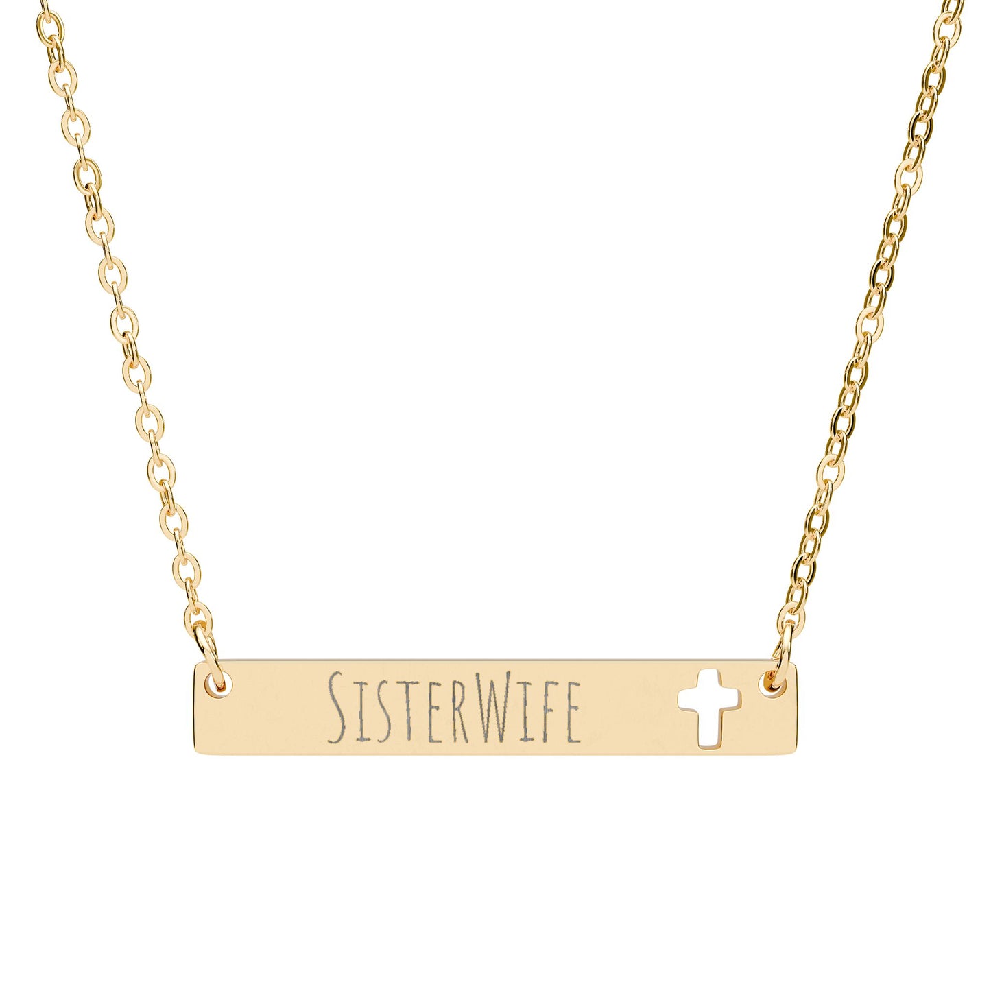 Cutout Cross Bar Necklace | Engraved Sister Wife Nameplate | Faith-Inspired Stainless Steel Bar Necklace | Minimal Jewelry Gift