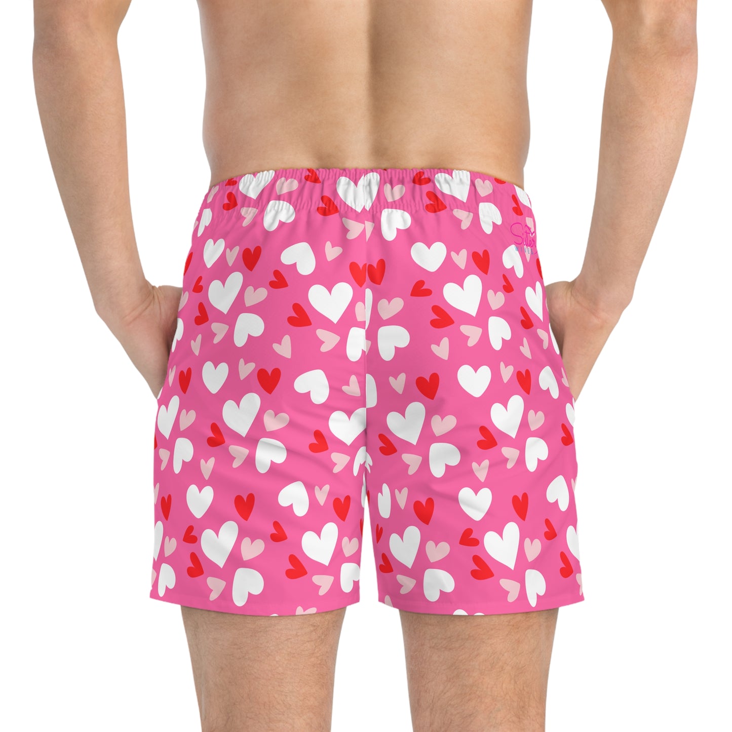 Men’s Valentine’s Heart Swim Trunks – Red Heart Print Board Shorts, Polyamory & ENM Friendly Swimwear, Fast-Dry Summer Shorts