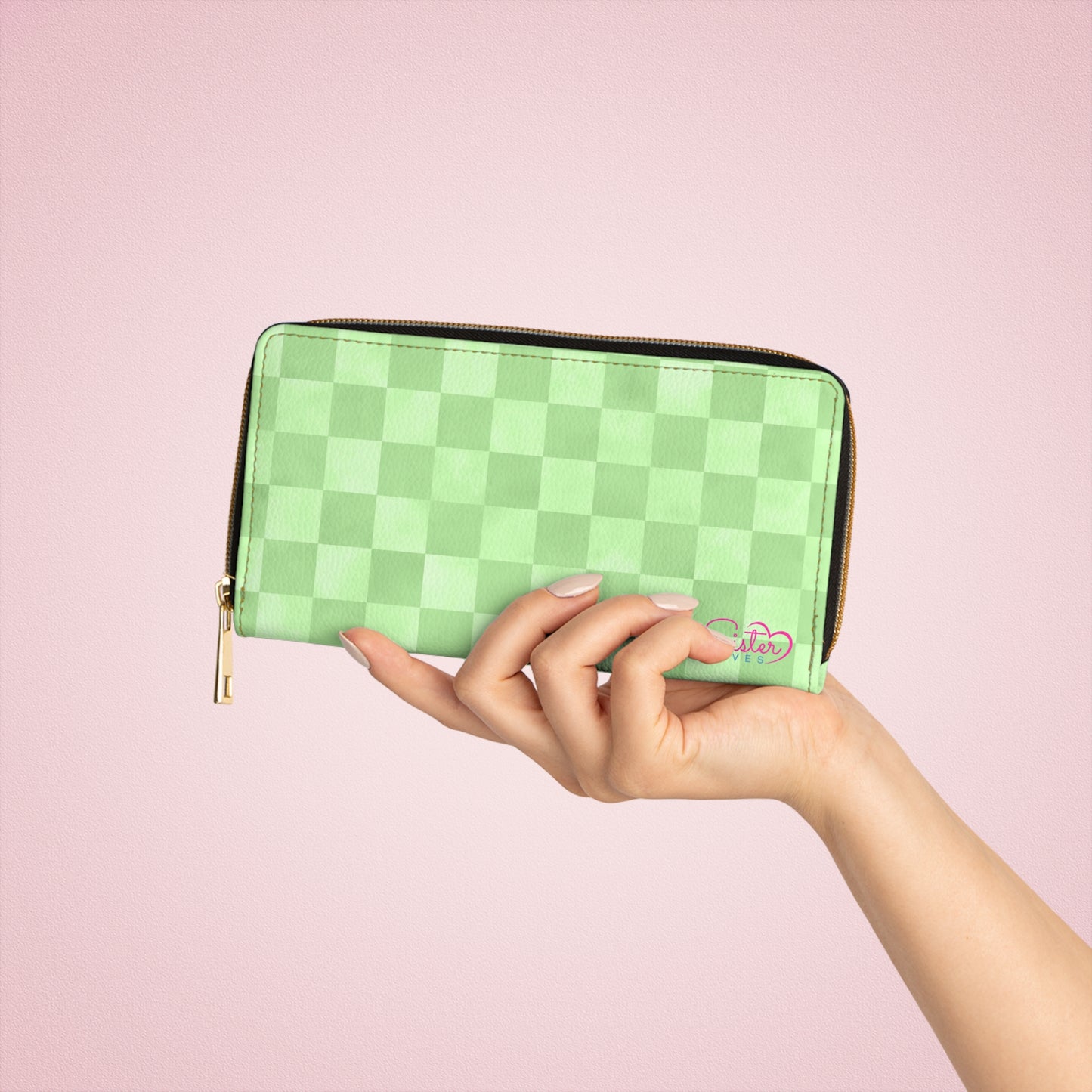 Checkered Green Zipper Wallet | Polyamory Friendly Accessory | ENM Lifestyle Wallet | Inclusive Chosen Family Gift | Colorful Retro Checker Wallet