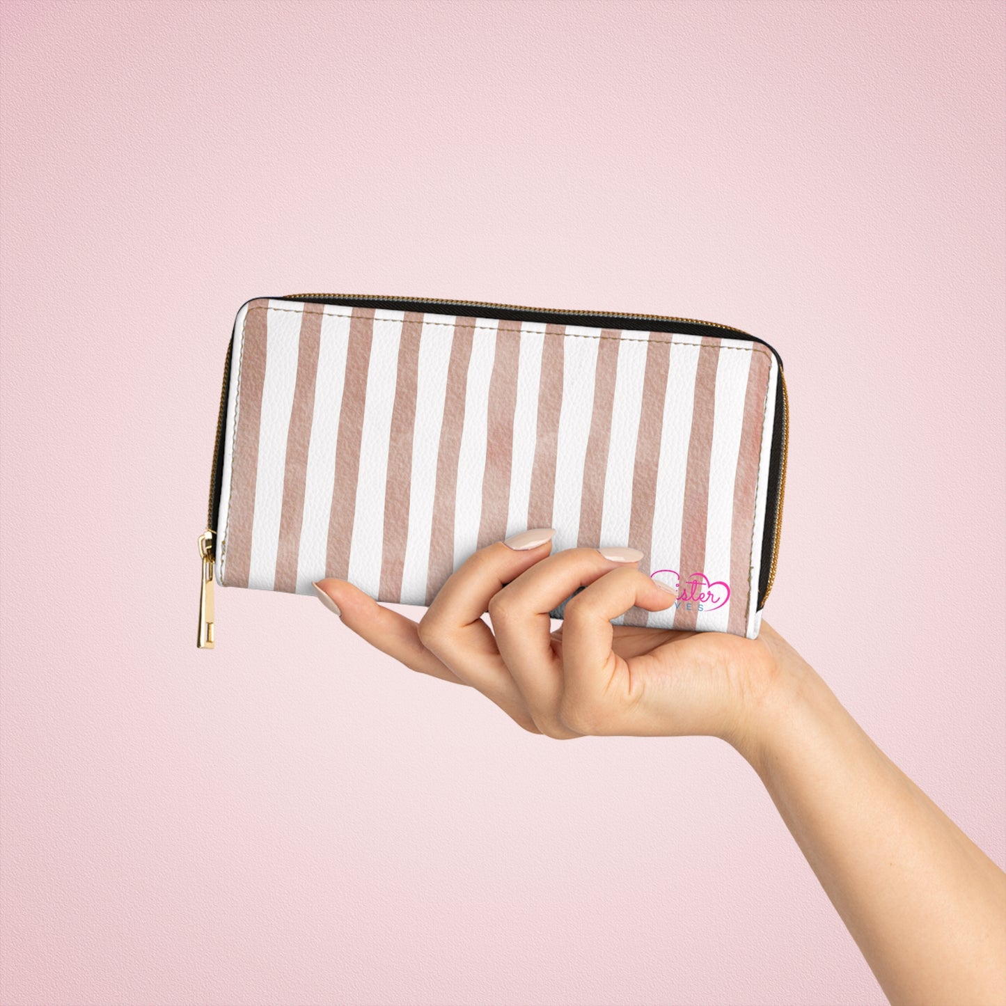 Stripe Zip Up Wallet – Polyamory Sisterwives ENM Friendly Wallet | Swinger Lifestyle Accessory | Minimalist Blush Stripe Zipper Wallet