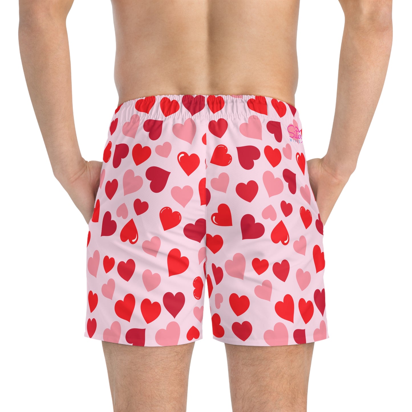 Pink Men’s Valentine’s Heart Swim Trunks – Red Heart Print Board Shorts, Polyamory & ENM Friendly Swimwear, Fast-Dry Summer Shorts