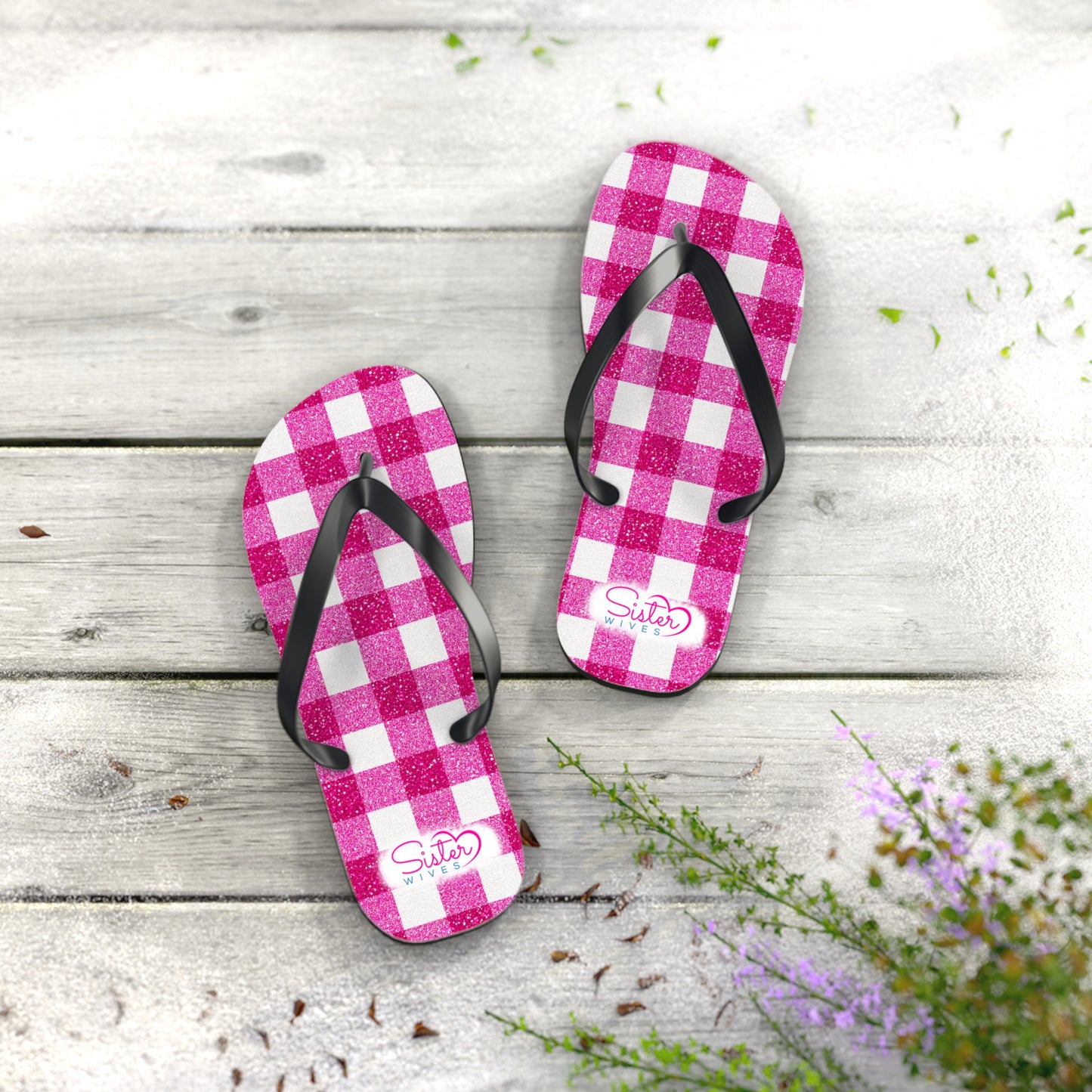 Pink Gingham Flip Flops for Women | Ethical Non Monogamy & Poly Lifestyle Sandals