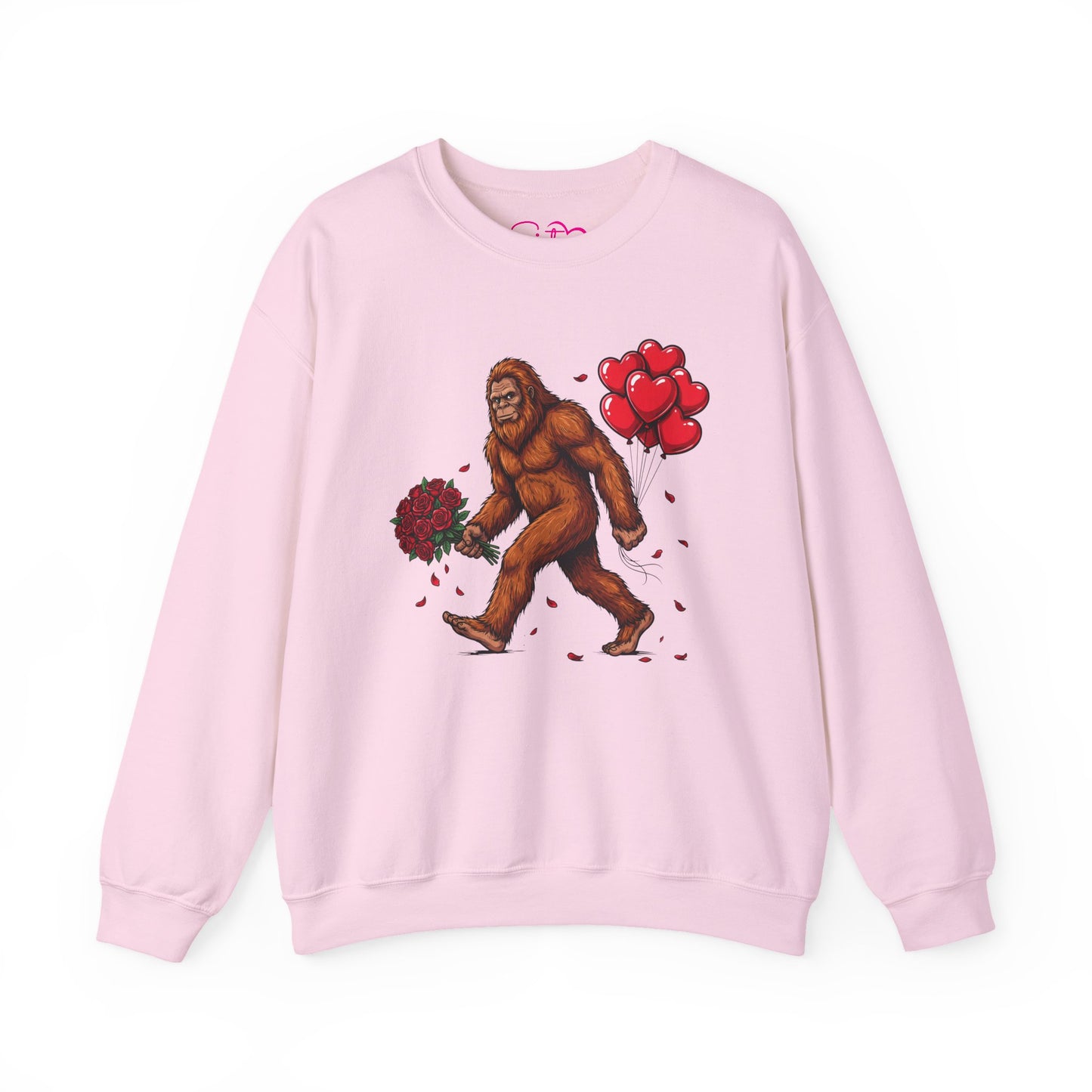 Bigfoot with Flowers Crewneck Sweatshirt | Sasquatch Valentine Pullover | Whimsical Cryptid Love Sweatshirt | Cozy Forest Aesthetic Apparel