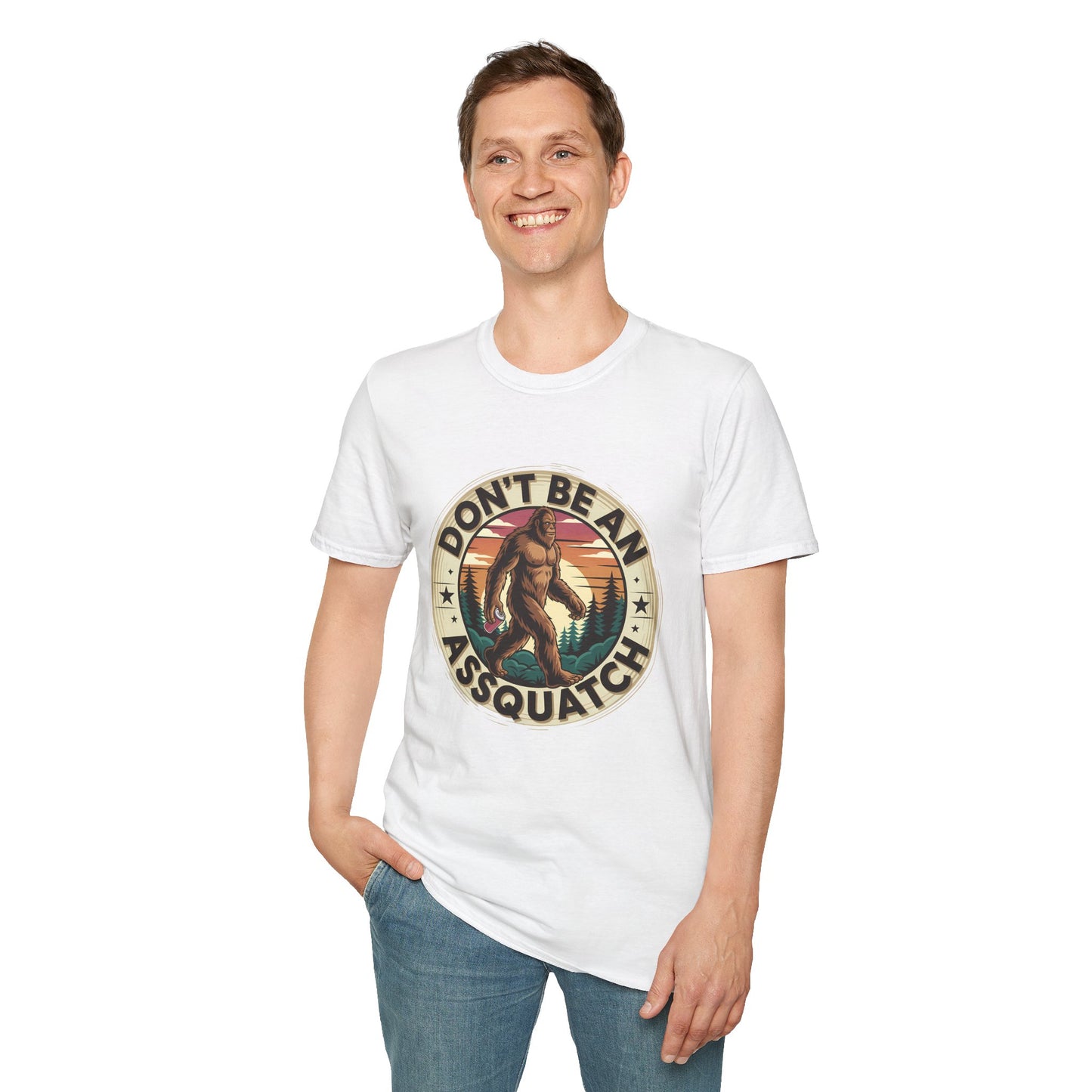 Don’t Be an Assquatch Shirt – Funny Bigfoot Graphic Tee, Sarcastic Sasquatch Shirt, Poly-Friendly ENM Unisex Gildan 64000