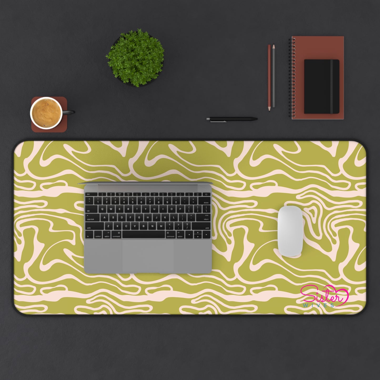 Olive Swirl Desk Mat – Retro Abstract Mouse Pad, Neoprene Extended Desk Mat, Polyamory Friendly Office Decor, Love-Positive Workspace Accessory