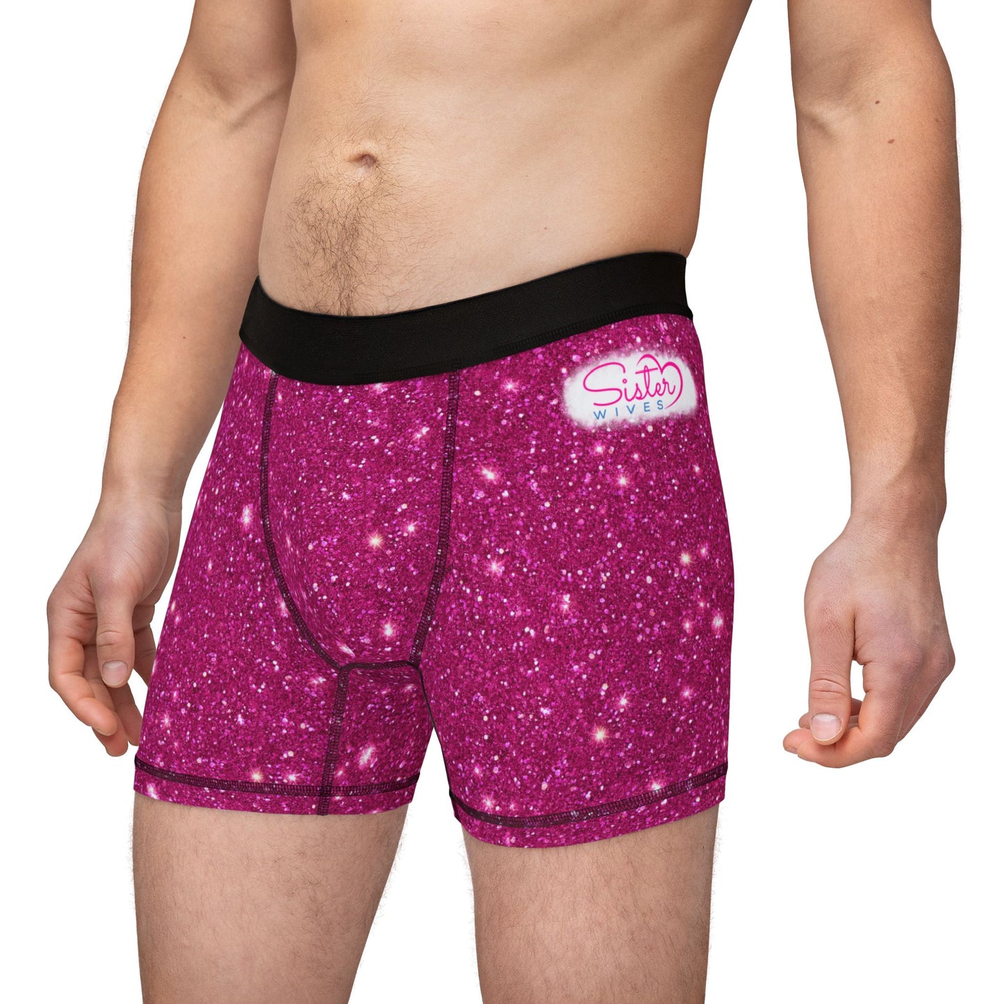 Men’s Valentine’s Glitter Boxer Briefs – Pink Sparkle Boxers, Polyamory & Swinger Friendly Underwear, ENM Pride, Matching Couples Sets Available