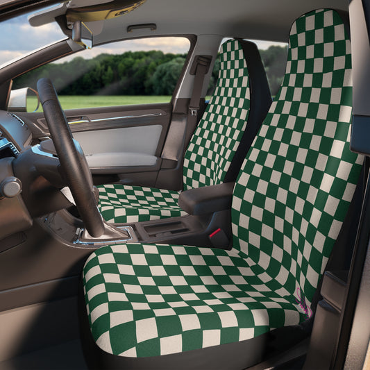 Green Checkerboard Car Seat Covers | Retro Checkered Auto Decor | Modern Boho Seat Covers | Polyamory & ENM Friendly