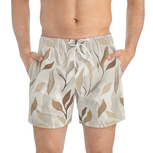Men’s Boho Abstract Swim Trunks – Neutral Earth Tone Boardshorts | Modern Minimalist Swimwear | Fast-Dry Men’s Swim Shorts