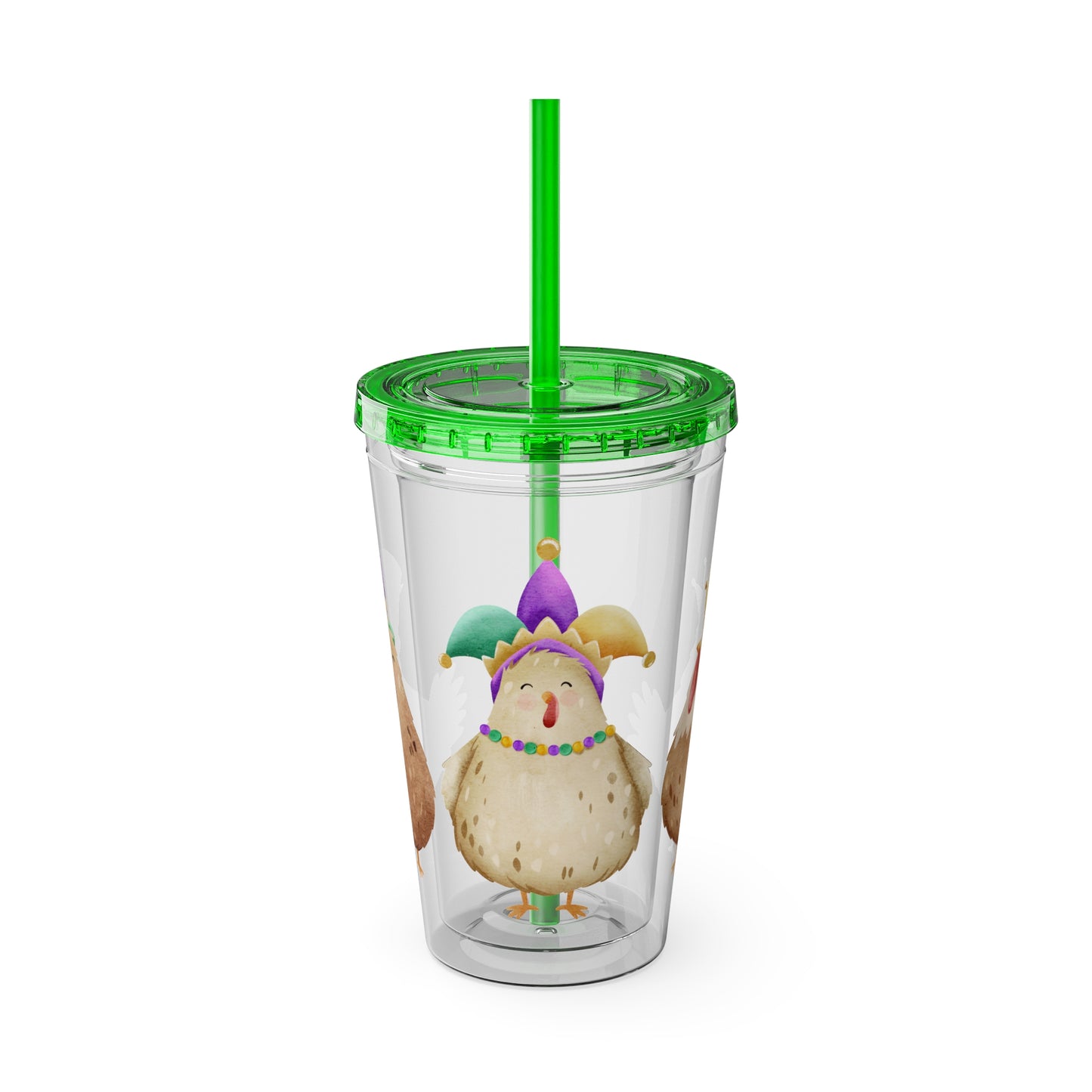 Mardi Gras Chicken 16oz Sunsplash Tumbler | Funny Farm Chicken Drink Cup | Cajun Mardi Gras Drinkware | Colorful Chicken Lover Gift | Farmhouse Humor Tumbler