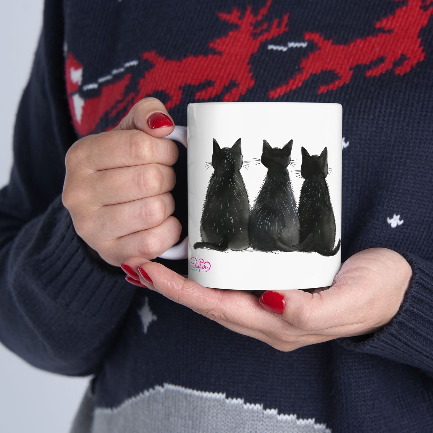 Three Black Cats Mug | Chosen Family Coffee Cup | Polyamory & Sisterwives Symbol Mug | Ethical Non-Monogamy Gift | Cozy Ceramic Mug