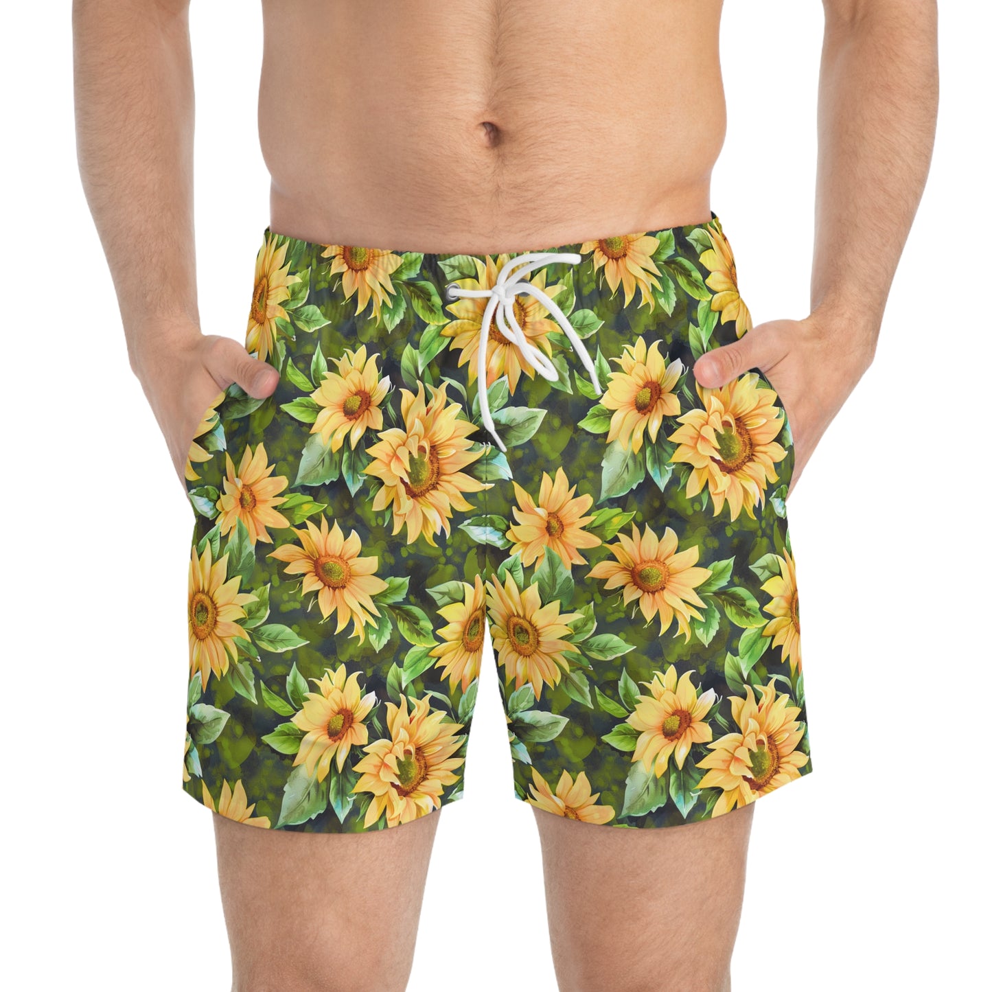 Men’s Sunflower & Daisy Swim Trunks – Bright Floral Summer Swim Shorts, ENM Polyamory Friendly Beach Board Shorts, Fast-Dry