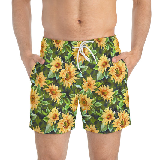Men’s Sunflower & Daisy Swim Trunks – Bright Floral Summer Swim Shorts, ENM Polyamory Friendly Beach Board Shorts, Fast-Dry