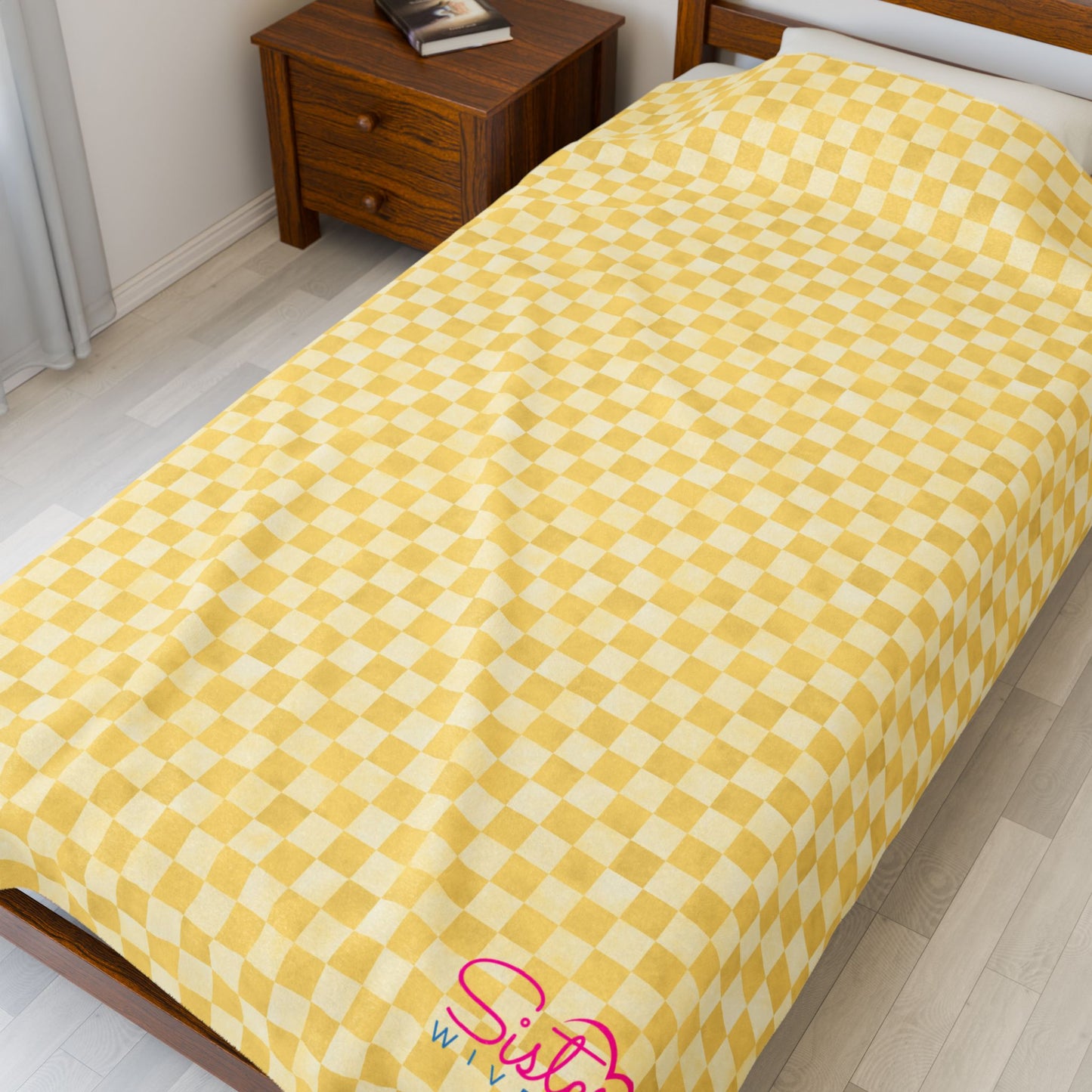 Yellow Checker Plush Blanket | Cozy Velveteen Throw | ENM & Polyamory Friendly Home Decor | Chosen Family Aesthetic Blanket