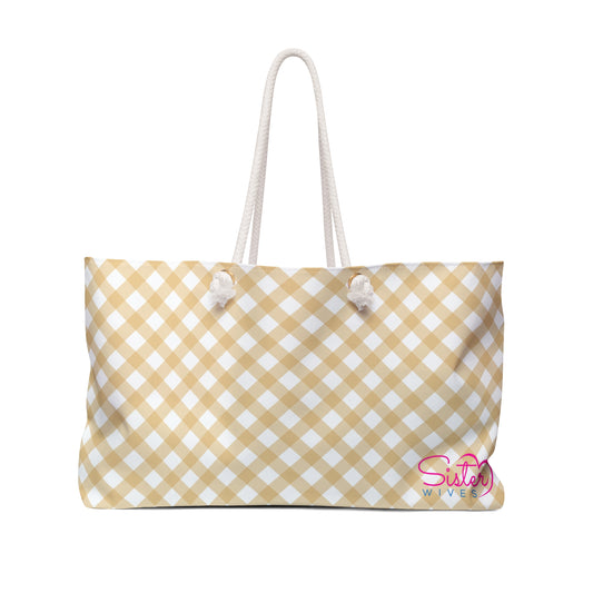 Beige Gingham Weekender Tote Bag | Neutral Aesthetic Travel Bag | Sisterwives Polyamory Overnight Tote | Ethical Non-Monogamy Gift