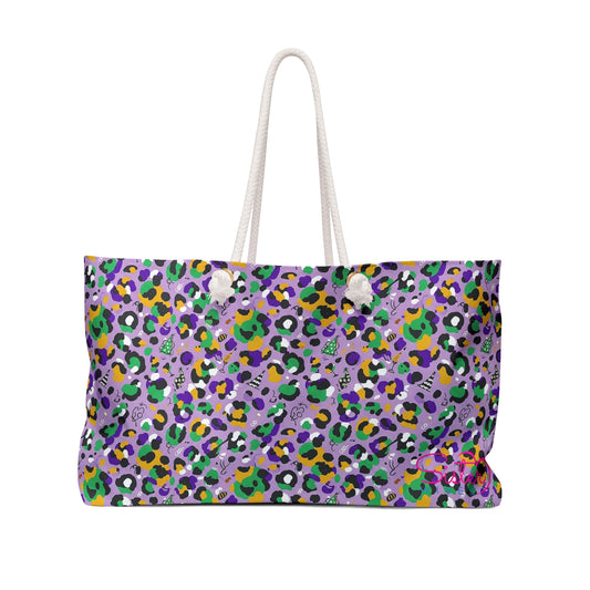Mardi Gras Cheetah Print Weekender Bag | Polyamory ENM Friendly Travel Tote | Matching Couple & Throuple Overnight Bag | Festival & Cruise Carryall